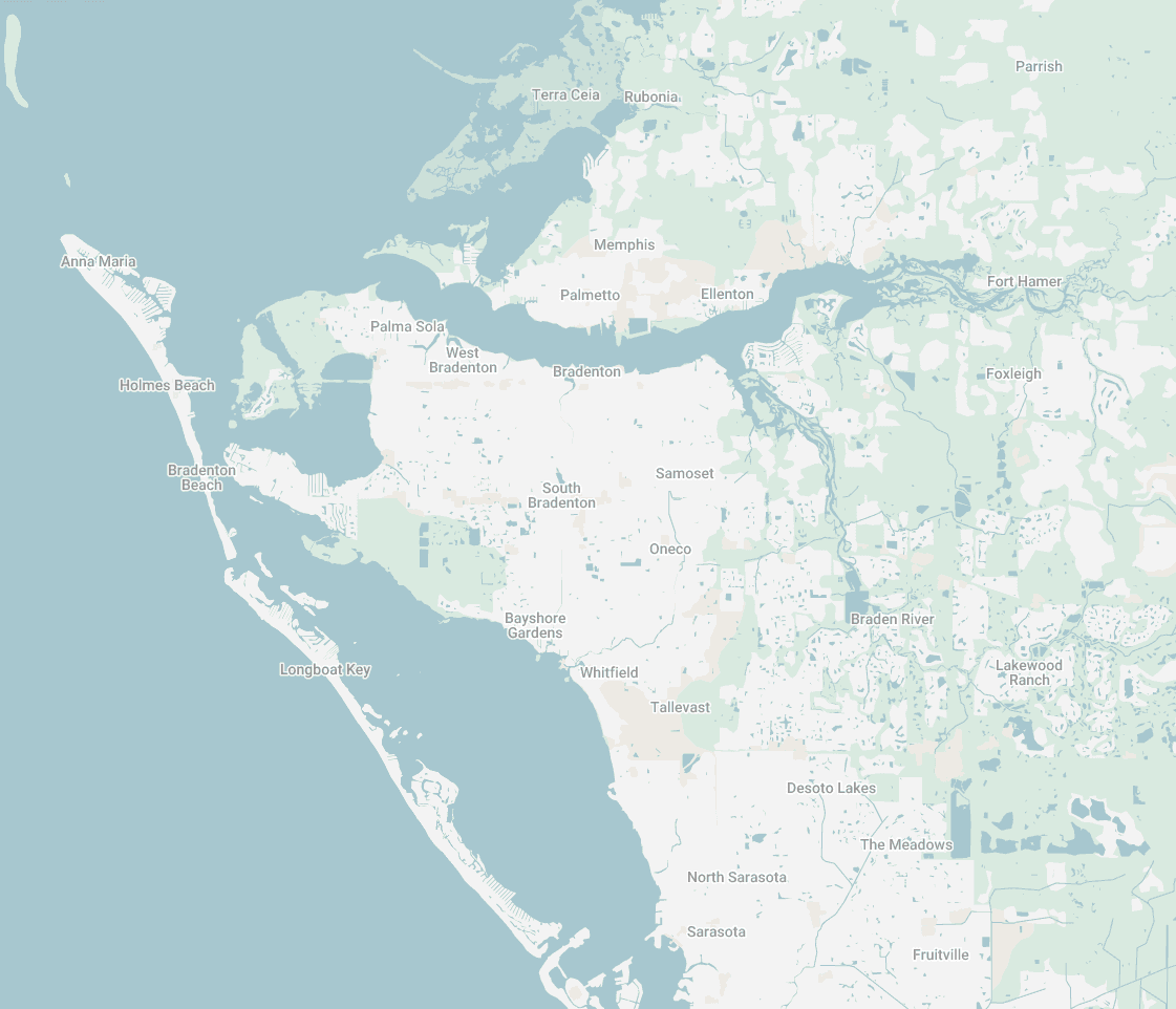 Map of the Bradenton–Sarasota region showing Seastone Water Co. service communities
